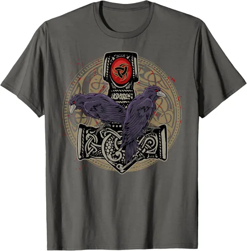 Vista 69 de Thors Hammer Mjolnir Huginn and Muninn Odin Raven - Camiseta, Negro, S