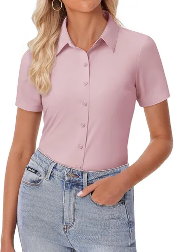 Vista 13 de siliteelon Camisa de vestir con botones para mujer, ajustada, elástica, de manga corta, sin arrugas, sólida, formal, para el trabajo