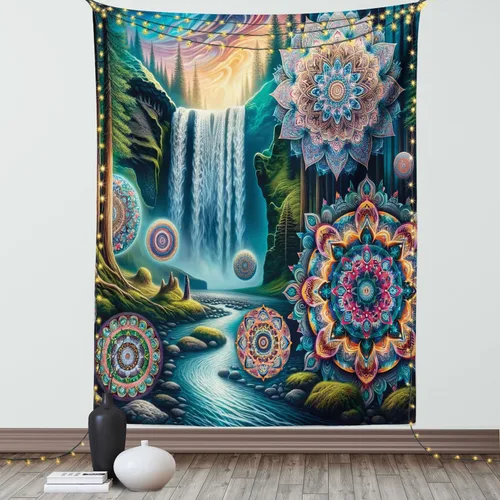 Vista 22 de Ambesonne Tapiz Trippy, vista panorámica de la cascada con bosques de ensueño y mandala oriental psicodélico, decoración de tela para colgar
