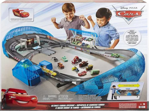Vista 6 de Mattel Disney Pixar Cars Ultimate Florida Speedway Track Set con auto Lightning McQueen y refuerzo motorizado, 5 pies de largo, regalo de juguete
