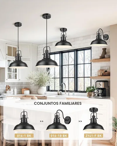 Vista 5 de zeyu Lámpara colgante industrial de 1 luz, lámpara colgante de 11 pulgadas para isla de cocina, pantalla de cúpula de metal en acabado negro mate