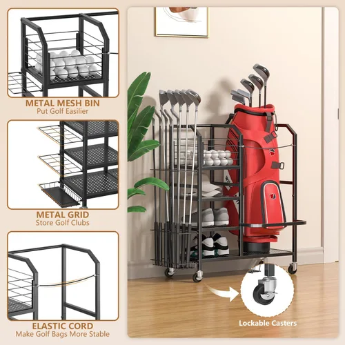 Vista 4 de Golf Bag Storage Organizer for Garage, Single Golf Bag Garage Organizer with Golf Club Rack, Shoe Shelves & Ball Storage, Rolling Golf Storage Rack