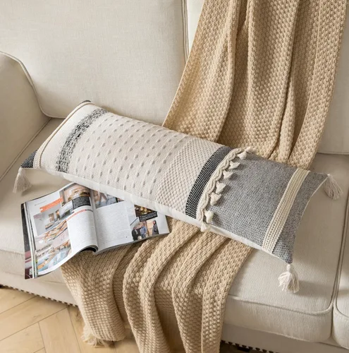 Vista 5 de Caflife Funda de almohada lumbar decorativa boho de 14x36 pulgadas, almohadas largas decorativas para cama, funda de almohada tejida en negro
