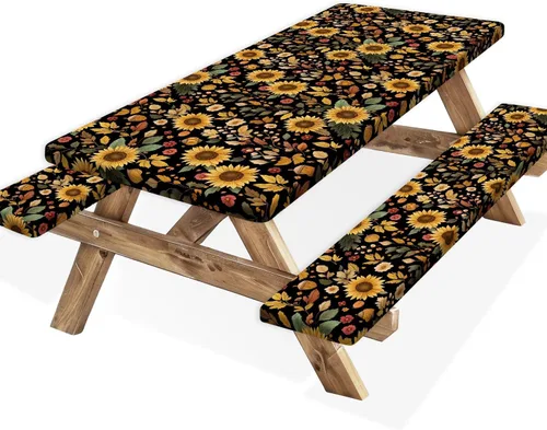 Vista 59 de Funda para Mesa de Picnic con Fundas para Bancos y Bolsa, Campista de Madera Impermeable Resistente al Viento, Cubierta de Mantel Ajustada con Borde