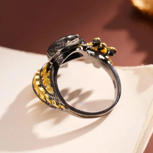 Vista 7 de Gothic Golden Feather Amethyst Rings - Black Peacock Rhinestone Copper Rings
