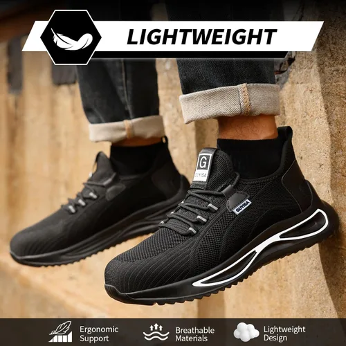Vista 4 de GLANOUDUN Zapatos de punta de acero para hombre, zapatos de trabajo ligeros para hombres, zapatos de trabajo negros con punta de acero, zapatos