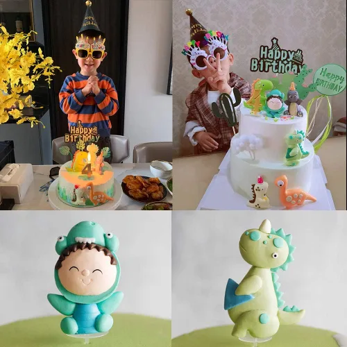 Vista 2 de Juego de 9 adornos para tartas con temática de dinosaurio, dinosaurios, cactus y decoración de pastel de feliz cumpleaños