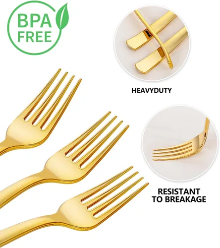 Vista 6 de YOUBET 50 tenedores de plástico dorado – Tenedores de plástico resistentes – cubiertos desechables dorados sólidos y duraderos para fiestas, picnic
