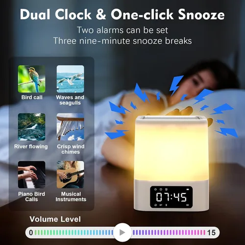 Vista 5 de Luz Nocturna Altavoz Bluetooth, Regalos para Niños de 10 11 12 13 14 15 Años Adolescentes Niñas, Reloj de Alarma Dual Todo en Uno, Lámpara de Noche