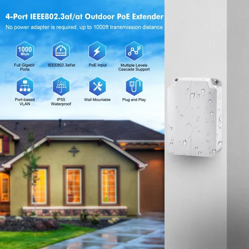 Vista 2 de MokerLink - Extensor PoE Gigabit de 4 puertos para exteriores, repetidor IEEE 802.3 af/at, 10/100/1000 Mbps, 1 en 3 salidas, interruptor de paso POE
