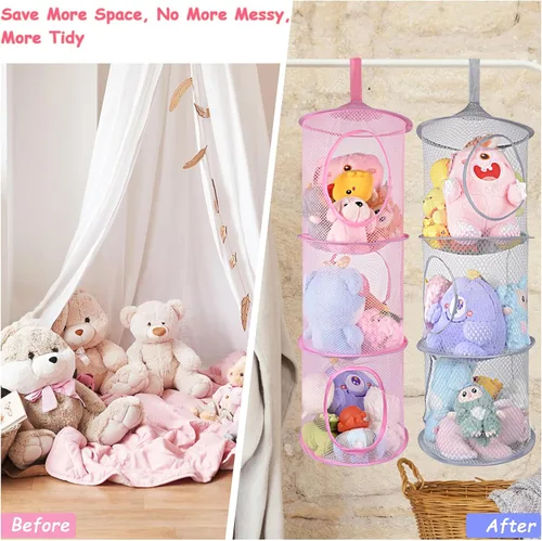 Vista 4 de ChezMax Almacenamiento de malla colgante para animales de peluche, paquete de 2 unidades, organizador grande de red de animales de peluche, bolsas