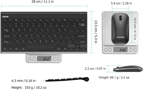 Vista 6 de Arteck Combo de teclado y mouse Bluetooth ultra compacto, delgado de acero inoxidable, tamaño completo y ratones ergonómicos