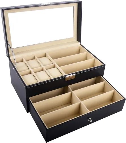 Vista 2 de Autoark Caja de joyería de cuero para 6 relojes y 9 piezas de almacenamiento para lentes y lentes de sol organizador de caja con bloqueo negro AW-048