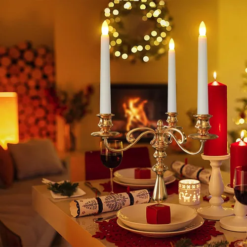 Vista 8 de PChero - Velas flotantes con temporizador remoto, paquete de 6 de 7.9 pulgadas, velas cónicas LED suspendidas que funcionan con pilas, candelabros 6