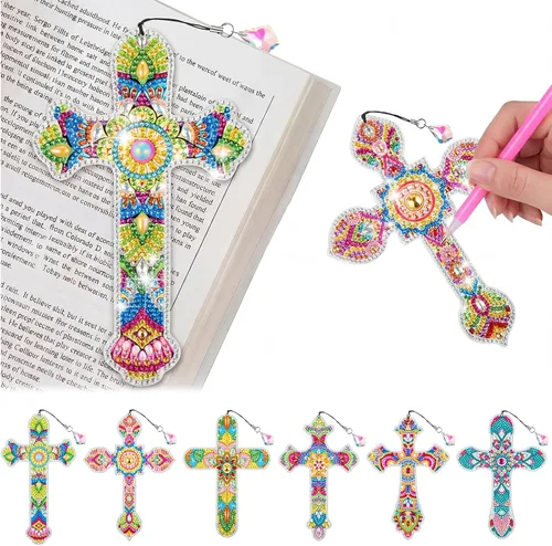 Vista 9 de Ireer 6 marcapáginas de arte de diamantes 5D cruzados para adultos, kit de pintura de bricolaje, regalos de Navidad, cristianos religiosos, llavero