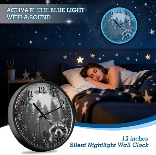 Vista 6 de JUNZAN Luminous Voice-Activated Decor Wall Clock 12 Inch Retro UFO Forests Selfie Silent Non-Ticking Battery Operated Wallclock Decorative for