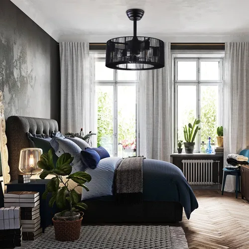 Vista 3 de OUKANING Ventilador de techo invisible enjaulado con luz, 3 velocidades ajustables, luces de ventilador de techo cerradas con control remoto