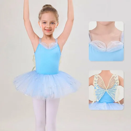 Vista 3 de IBAKOM Leotardos de ballet para niña, trajes de bailarina, vestido de baile de ballet con volantes de mariposa, falda de baile de lentejuelas
