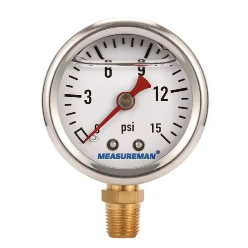 Vista 9 de MEASUREMAN - Manómetro, 0 a 15 psi, relleno glicerina, esfera 1.5 pulgadas, caja acero inoxidable 304, montaje central posterior 1/8 NPT, adaptador