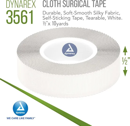 Vista 2 de Dynarex Cinta quirúrgica de tela, duradera, tela sedosa suave y lisa, sin látex, rasgable, adherencia segura, blanca, 1/2 pulgadas x 10 yardas, 1