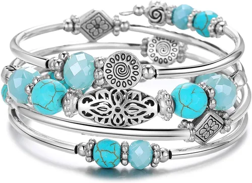 Vista 7 de FULU AUTUMN Pulseras apilables con cuentas para mujer, pulsera bohemia de plata envolvente, joyería de moda en capas, regalos para ella 17-negro
