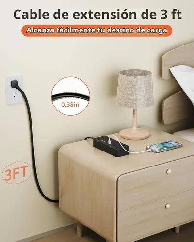 Vista 3 de Regleta de alimentación de 3 pies, cable de extensión con 8 salidas de CA + Negro
