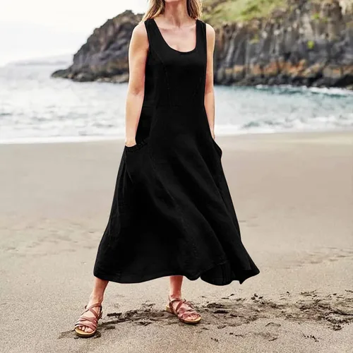 Vista 2 de BAJSDCU Dress for Women 2024 Fashion Casual Solid Cotton Dress Sleeveless with Pocket Loose Dress Tank Long Sleeve