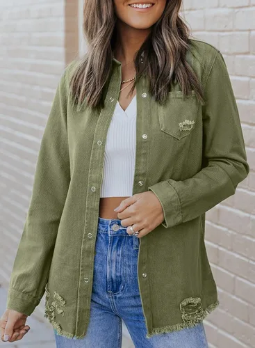 Vista 2 de Dokotoo - Chaqueta de mezclilla desgastada de gran tamaño para mujer, informal, de manga larga