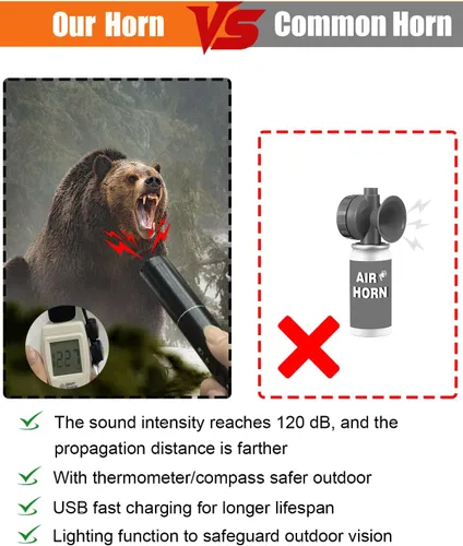Vista 3 de Bocina de aire electrónica de 120dB con luz, brújula y termómetro - Bocina para osos para asustar a los osos - Autodefensa para senderismo, carga USB