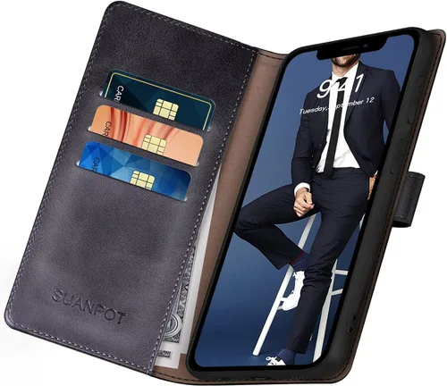 Vista 5 de SUANPOT Funda tipo cartera para iPhone 13 Pro Max 6.7 5G con bloqueo RFID, tarjetero y tarjetero, de piel sintética, a prueba de golpes, para Apple