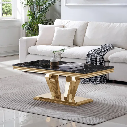 Vista 16 de Mesa de centro de 47 pulgadas de mármol negro con base en forma de U de acero inoxidable espejado, mesa central de parte superior rectangular