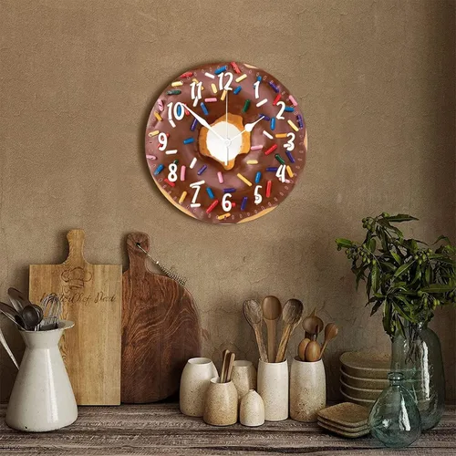 Vista 4 de Reloj de pared redondo de madera con forma de dona y alimento, movimiento de barrido, reloj de pared de estilo moderno, adecuado para dormitorio