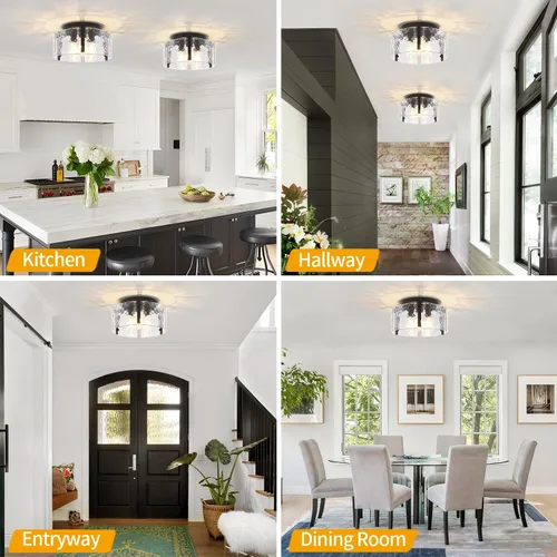 Vista 4 de Lámpara de techo semiempotrada moderna negra de 15 pulgadas, accesorios de iluminación de pasillo, 3 luces de techo de vidrio para entrada, isla