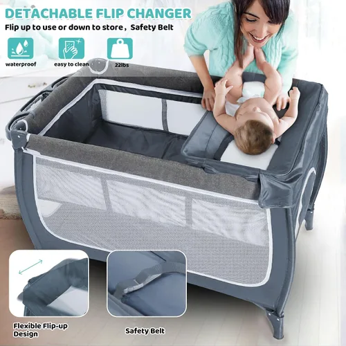 Vista 3 de SIMPLGIRL Moisés de noche para bebé, paquete 4 en 1 n P-Lay - Cuna de bebé con mosquitera, T-oys y Music B-ox, colchón, patio plegable para recién