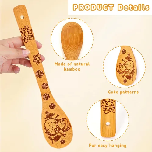 Vista 6 de Juego de utensilios de madera, utensilios de bambú, 5 cucharas de madera para cocinar, fáciles de limpiar, resistentes, ligeros y resistentes al