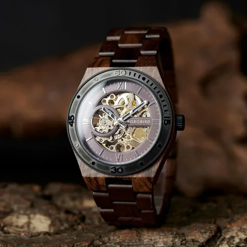 Vista 2 de BOBO BIRD Relojes de madera para hombre, reloj mecánico de esqueleto, relojes de pulsera ligeros de lujo con correa de madera natural de colección