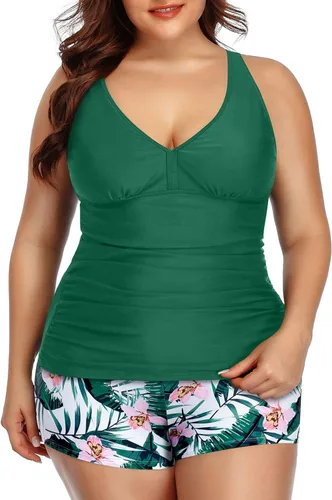 Vista 7 de Yonique Trajes de baño de dos piezas para mujer de talla grande con shorts control de abdomen tankini para adelgazar