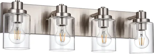 Vista 19 de Lámpara de tocador de baño de 3 luces de níquel cepillado, accesorios de iluminación sobre espejo con pantalla de vidrio transparente, modernos