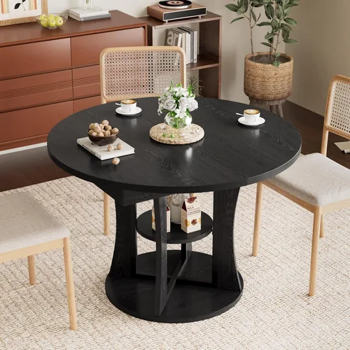 Vista 3 de Mesa de comedor redonda extensible de 43.3 a 59 pulgadas para 4 a 8, moderna mesa de comedor ovalada de cocina con estante de almacenamiento, mesa