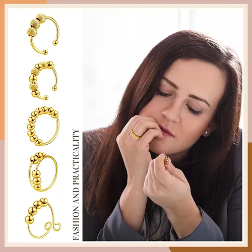 Vista 5 de Yinkin 30 anillos para ansiedad para mujeres, de acero inoxidable, ajustable, con cuentas, para hombres y adultos, alivio del estrés (dorado)