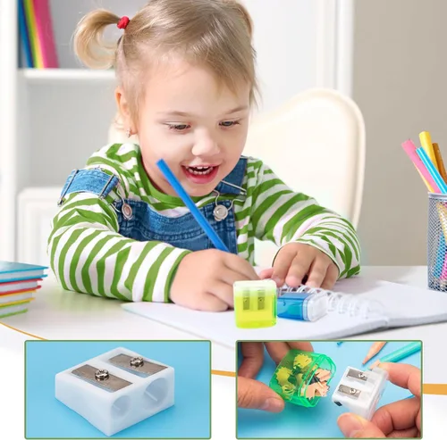 Vista 4 de 24 piezas de sacapuntas manual pequeño de 2 agujeros con tapa, sacapuntas manuales de doble agujero para lápices de colores a granel, sacapuntas