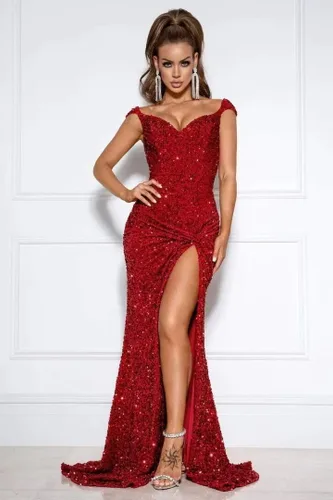 Vista 3 de Brillantes vestidos de fiesta con hendidura vestido largo de lentejuelas sirena con plisado hombro frío vestido de bola para mujer RO032