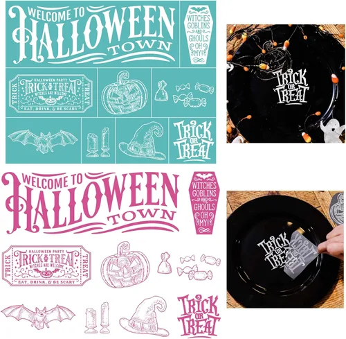 Vista 10 de Plantilla de serigrafía con patrones de sentimientos temáticos de Halloween, reutilizable, autoadhesiva, para decoración/impresión
