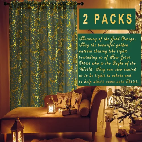 Vista 3 de XTMYI Cortinas verdes de cocina para ventanas sobre fregadero, cortinas cortas de Navidad para sala de estar, juegos de 2 paneles, 45 pulgadas