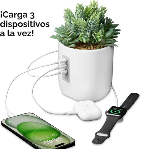 Vista 3 de iHome PowerPlant - Estación de carga, suculentas falsas con estación de carga USB para iPhone, Android y más, color blanco (iPP45)