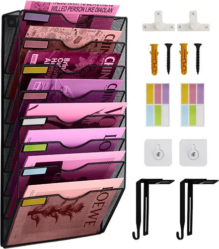 Vista 14 de Organizador de archivos de pared de malla con 1 bolsillo, organizador de archivos para colgar en la oficina, revistero, juego de ganchos