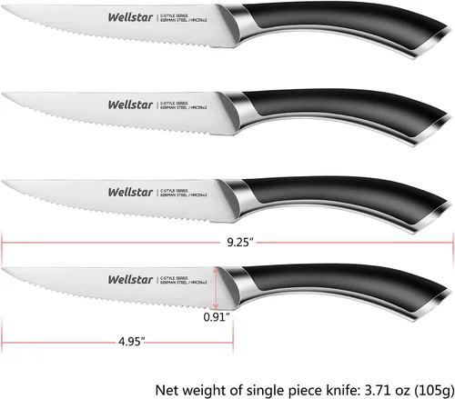 Vista 9 de WELLSTAR Juego de 4 cuchillos para carne, hoja dentada de acero inoxidable alemán resistente a la corrosión, mango ergonómico de espiga completa