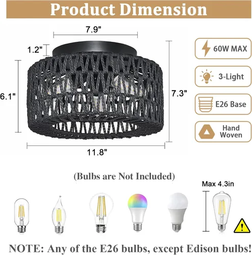 Vista 5 de Lámparas de Techo de Ratán para Montaje, Lámpara de Techo Empotrada Boho de 3 Luces, Iluminación de Lámpara con Pantalla de Jaula Tejida a Mano