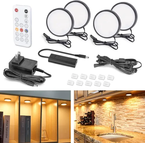 Vista 8 de WOBANE Luces LED de disco, kit de iluminación con cable para debajo del gabinete con control remoto, iluminación de mostrador regulable para cocina