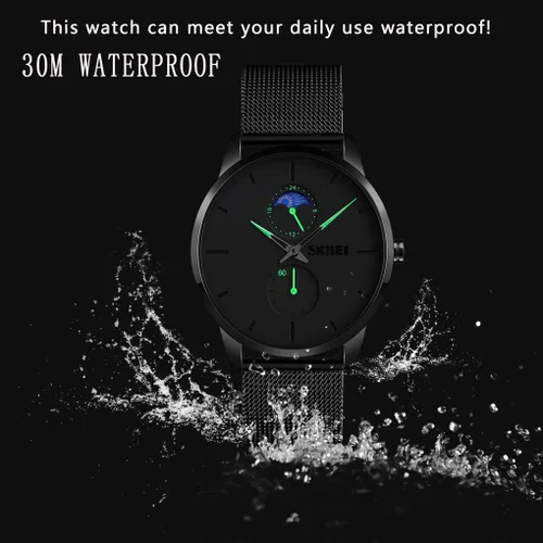 Vista 4 de SKMEI Black Watches for Men Fashion Minimalist Waterproof Ultra-Thin Analog Quartz Moon Phase Stainless Steel Mesh Band Wristwatch for Men